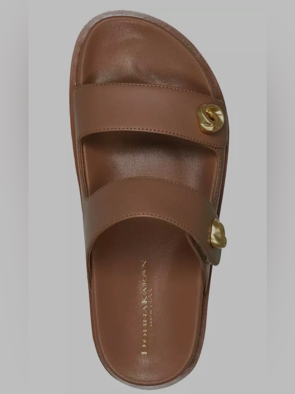 Donna Karan Hazley Cognac Leather Slip-On Sandals Double Strap Gold Accents 9 - Picture 14 of 15